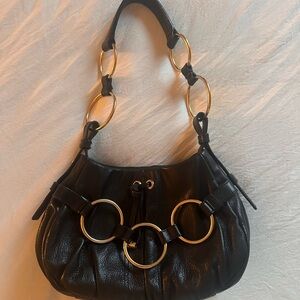 Yves Saint Laurent Black Leather Shoulder Bag with Gold Rings